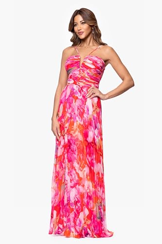 Women's Sleeveless Long Halter V Neck Printed Pleated Spaghetti Strap Dress